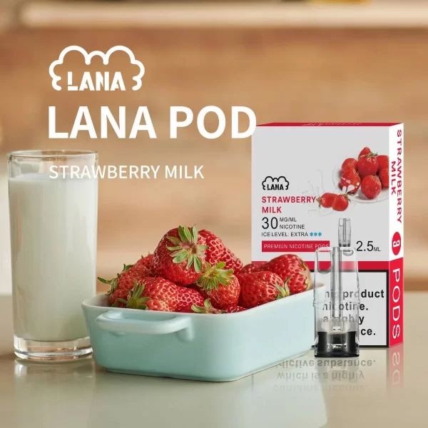 桌上的牛奶、草莓和LANA煙彈牛奶草莓口味包裝