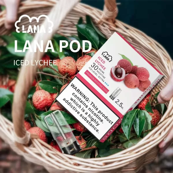 在荔枝籃中的LANA煙彈荔枝口味包裝